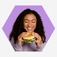 Woman eating hamburger, purple shape badge