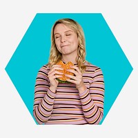 Blonde woman eating a hamburger, blue shape badge