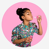 Girl blowing soap bubbles, pink shape badge