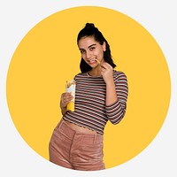 Woman eating fries, yellow badge