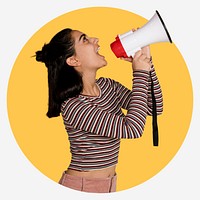 Feminist with megaphone, yellow shape badge