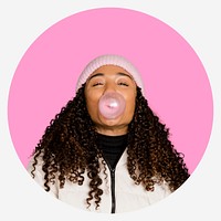 Woman with bubblegum, pink shape badge