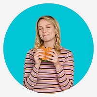 Blonde woman eating a hamburger, blue shape badge