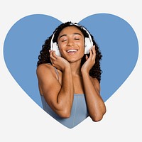 Woman with headphones, blue heart shape badge