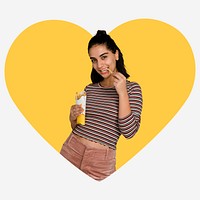 Woman eating french fries, yellow heart shape badge