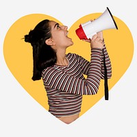 Feminist with megaphone, yellow heart shape badge