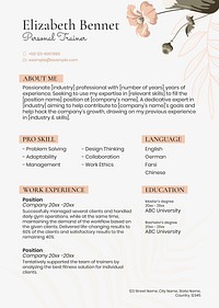 Feminine pastel resume template psd in floral style