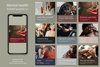 Mental health awareness template vector for support groups social media post set