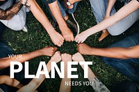 Environment banner with people hands saving the planet