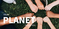 Environment banner with people hands saving the planet