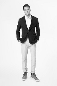 Businessman, full body portrait, black and white photo