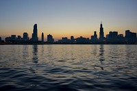The skyline of Chicago seen from the Michigan Lake at sunset. Original public domain image from Wikimedia Commons