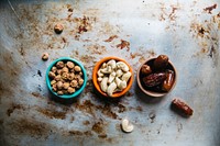 Small bowls of nuts, cashews, and dates for snack. Original public domain image from <a href="https://commons.wikimedia.org/wiki/File:Nuts_for_Snacking_(Unsplash).jpg" target="_blank" rel="noopener noreferrer nofollow">Wikimedia Commons</a>
