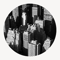 Grayscale buildings circle shape badge, city photo