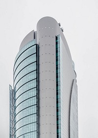 Modern building in fog, Madrid, Spain. Original public domain image from Wikimedia Commons