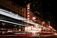 Chicago with neon signs  background. Original public domain image from <a href="https://commons.wikimedia.org/wiki/File:Chicago_nighttime_(Unsplash).jpg" target="_blank">Wikimedia Commons</a>