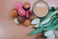 Macaroons, tulips, and a cup of coffee in Oradea. Original public domain image from Wikimedia Commons