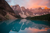 Mountains reflections in the lake, Moraine, Azure. Original public domain image from <a href="https://commons.wikimedia.org/wiki/File:Sunrise_(Unsplash_DlkF4-dbCOU).jpg" target="_blank">Wikimedia Commons</a>