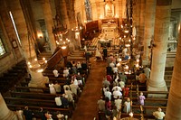 Overhead of church wedding ceremony with columns and candle lights. Original public domain image from Wikimedia Commons