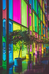 Multicolored rainbow glass windows with potted trees in front in urban street. Original public domain image from Wikimedia Commons