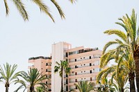 Long shot of apartment building and tower resort with palm trees in Palma. Original public domain image from Wikimedia Commons