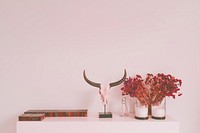 Skull and flower on a pink hued office desk. Original public domain image from <a href="https://commons.wikimedia.org/wiki/File:Horns_(Unsplash).jpg" target="_blank" rel="noopener noreferrer nofollow">Wikimedia Commons</a>