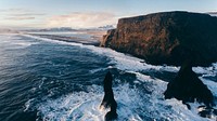 Blue ocean, rocks, waves crashing. Original public domain image from <a href="https://commons.wikimedia.org/wiki/File:Vik,_Iceland_(Unsplash_TA05o8C77ok).jpg" target="_blank">Wikimedia Commons</a>