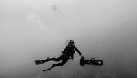 Black and white shot of scuba diver in wetsuit with flippers and tank, Red Sea Parasailing. Original public domain image from <a href="https://commons.wikimedia.org/wiki/File:271_Divers_(Unsplash).jpg" target="_blank" rel="noopener noreferrer nofollow">Wikimedia Commons</a>