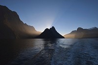Sunset in Milford Sound, New Zealand. Original public domain image from Wikimedia Commons