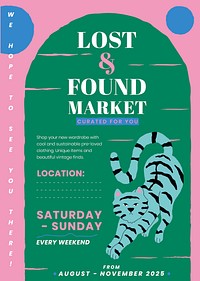 Editable poster template psd for lost and found with cute animal illustration
