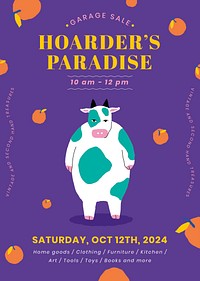 Editable poster template psd for garage sale with cute animal illustration