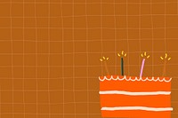 Brown grid birthday background psd with cute doodle cake