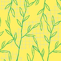 Green leaf pattern vector on yellow grid background