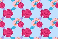 Pink cute floral pattern vector with roses blue background