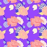 Pink spring floral pattern vector with roses purple background