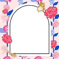 Feminine floral arched frame vector with pink roses on white background