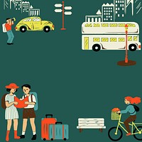 Vintage City tour frame vector with tourist cartoon illustration