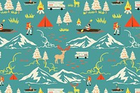 Green camping trip pattern vector with tourist cartoon illustration