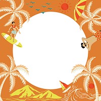 Tropical island orange frame vector in circle shape with tourist cartoon illustration