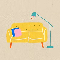 Hand drawn yellow sofa psd furniture in colorful flat graphic style