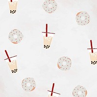 Boba tea patterned background vector with white sprinkle donut cute hand drawn style