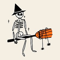 Halloween PSD sticker, hand drawn skeleton witch doodle