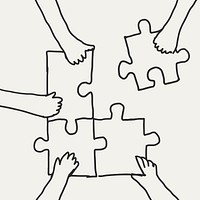 Teamwork doodle vector hands connecting puzzle jigsaw