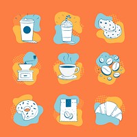 Cafe sticker illustrations, coffee and cake set psd