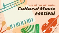 Cultural music festival banner template, retro instrument design vector