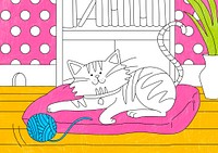 Cute tabby cat illustration psd, editable kids coloring page