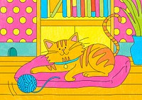 Tabby cat, colorful animal illustration for kids