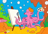 Octopus artist illustration psd, editable kids coloring page