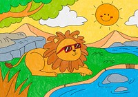 Cool lion sunbathing illustration psd, editable kids coloring page