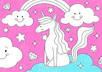 Magical unicorn, pink background, editable kids coloring page vector